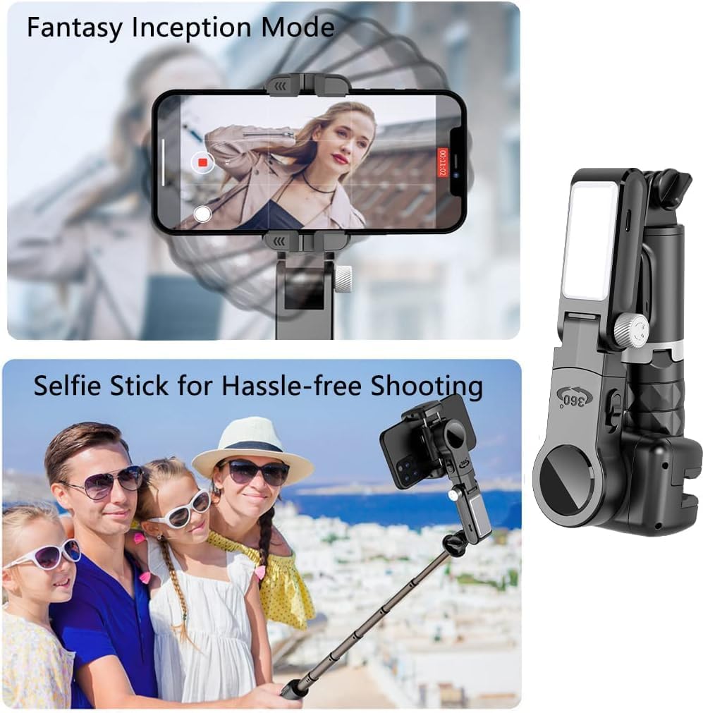 Q18 Gimbal Stabilizer showing 'Fantasy Inception Mode' with a phone rotating, and 'Selfie Stick for Hassle-free Shooting' with a family using it.