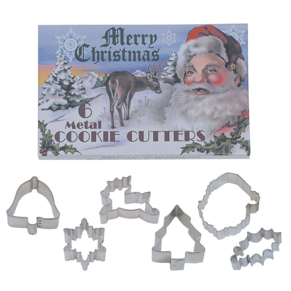 R&M International 1863 - Juego de cortadores de galletas navideñas con caja de regalo, diseño de Papá Noel, acebo, campana, reno, copo de nieve, árbol, juego de 6 piezas