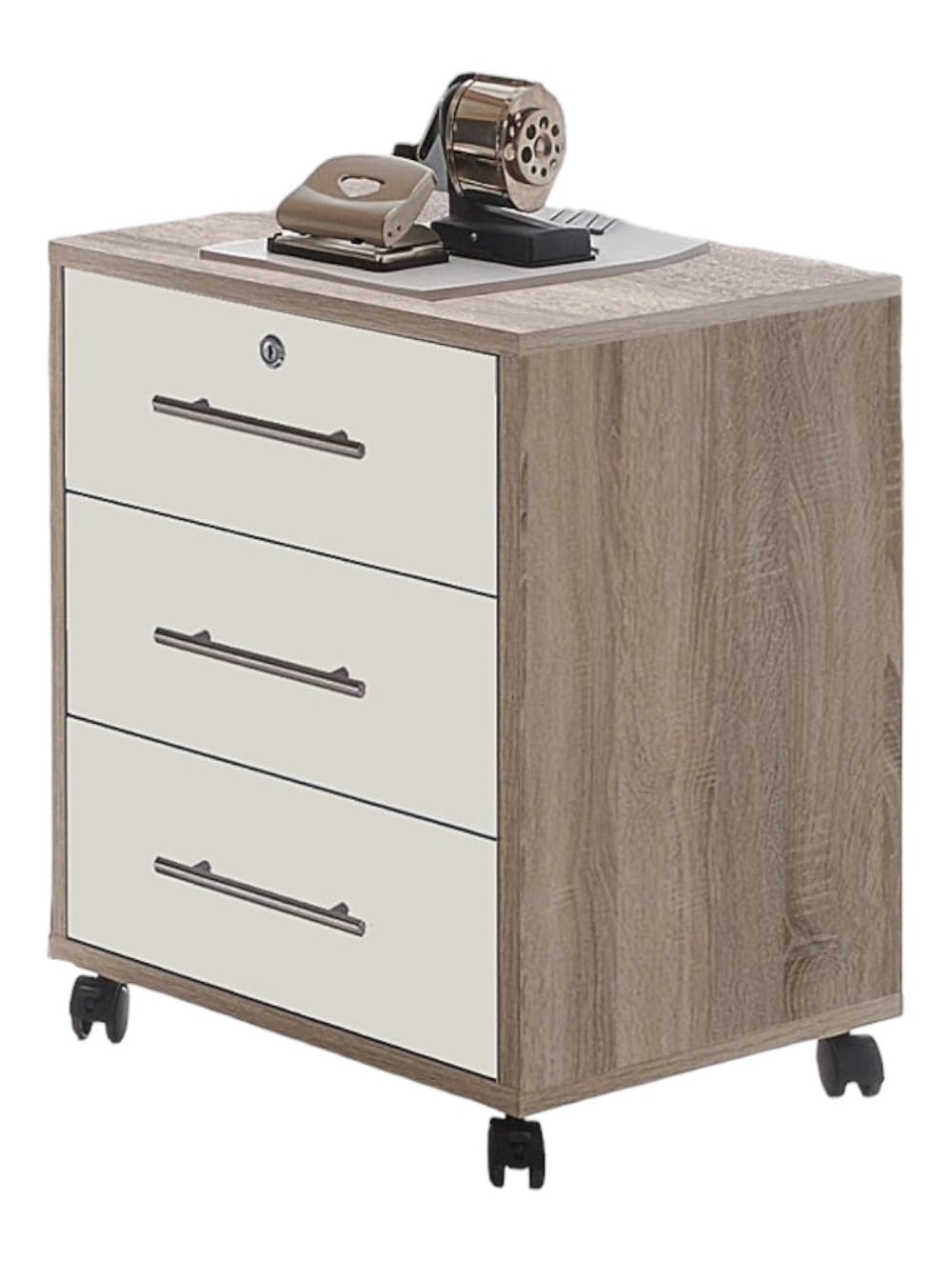Büromöbel Set Arbeitszimmer Office Edition MINI Sonoma Eiche Weiß Matt Rollcontainer