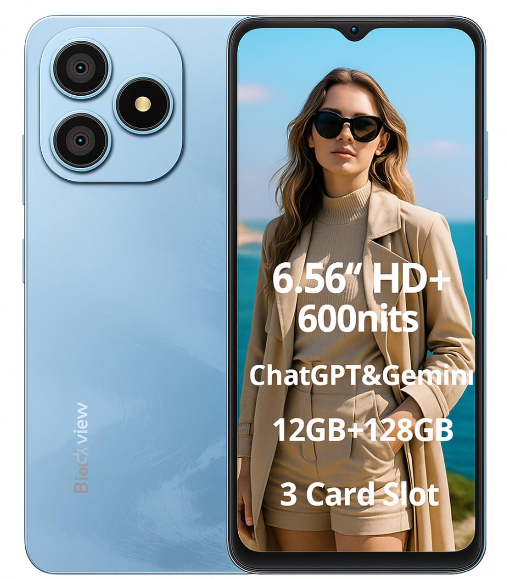 Blackview Wave 9C 4G AI Smartphone Offerte, 6,56'' 600nits Schermo, 12GB+128GB(2TB Esterna), 3 Assistenti Intelligenti IA, 13MP+8MP, 3 Slot per Schede, Android 15 DUAL SIM Cellulare Libero, GPS Blu