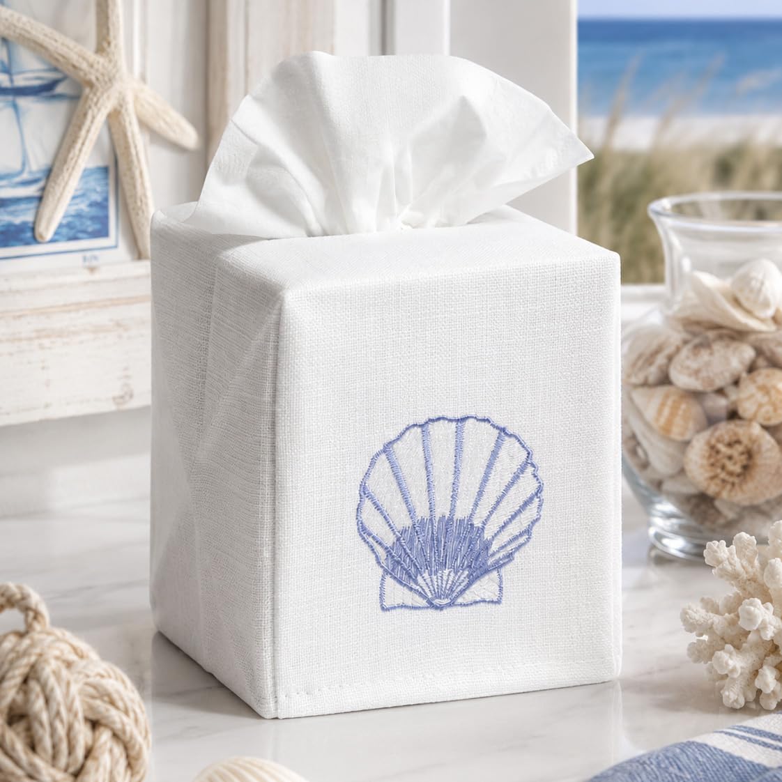 Jacaranda Living Square Tissue Box Cover, Linen/Cotton Fabric Tissue Holder, Decorative Cloth Tissue Cube Cover, Coastal Designs Scallop (Blue)