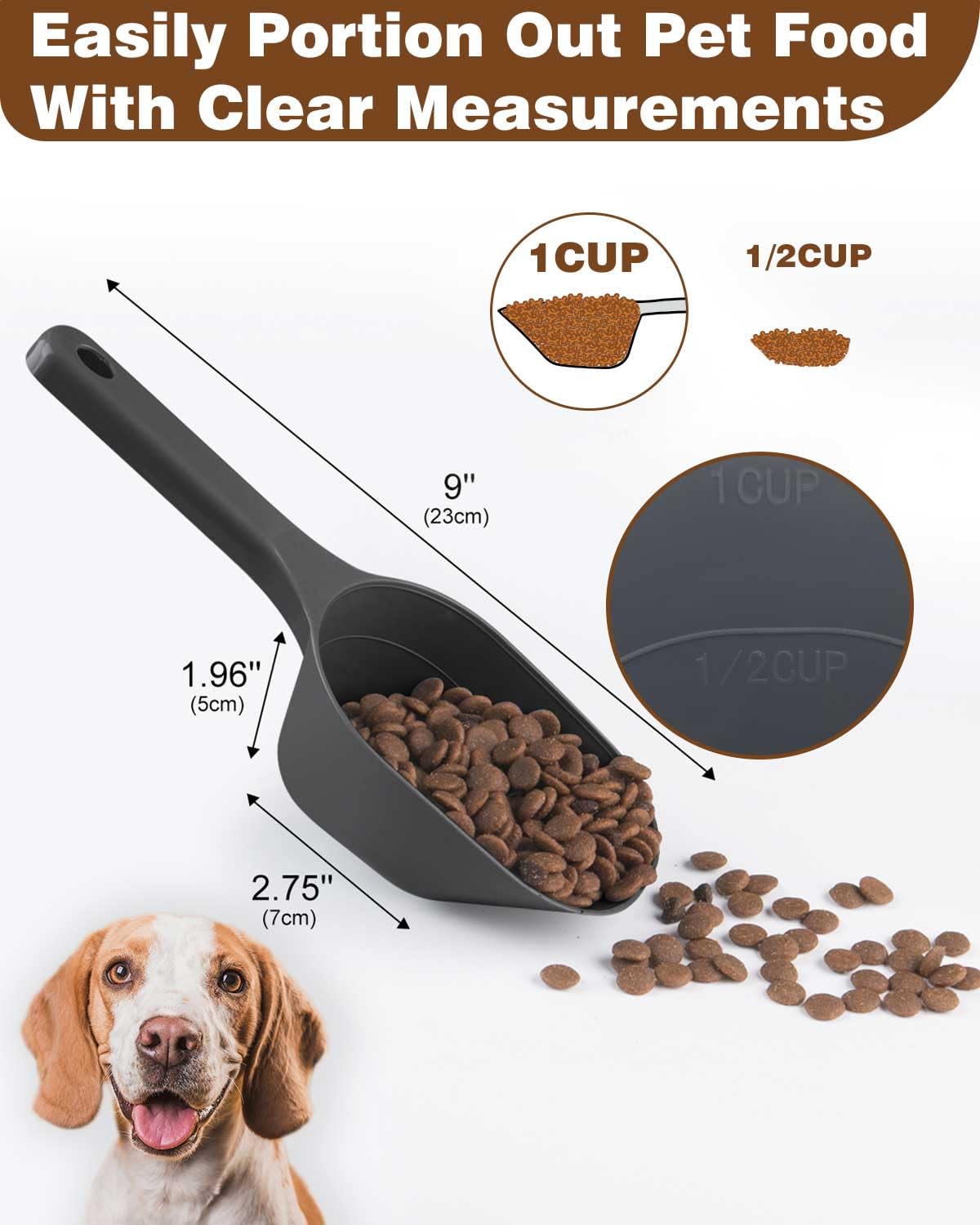 Paquete de 2 tazas medidoras de alimentos para perros y gatos, capacidad de 1 taza, cuchara de plástico versátil para alimentos para mascotas con líneas de medición, 1 taza y 1/2 taza para un control 3