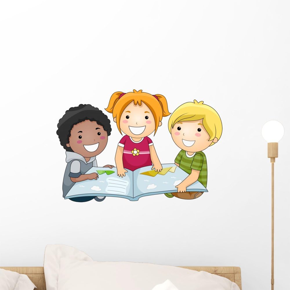 Three Kids Reading Together Wall Decal – Removable Vinyl Wall Sticker – Easy Peel & Stick – 18"