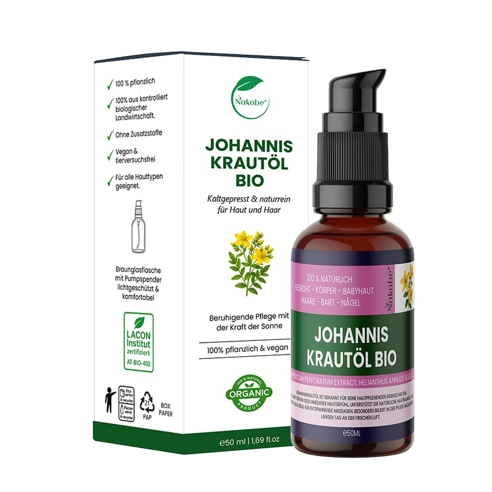 Nakobe® Bio Johanniskrautöl 50ml – 100% natürliches Rotöl – wohltuend für Haut, Muskeln & Pflege – vegan & ohne Zusätze