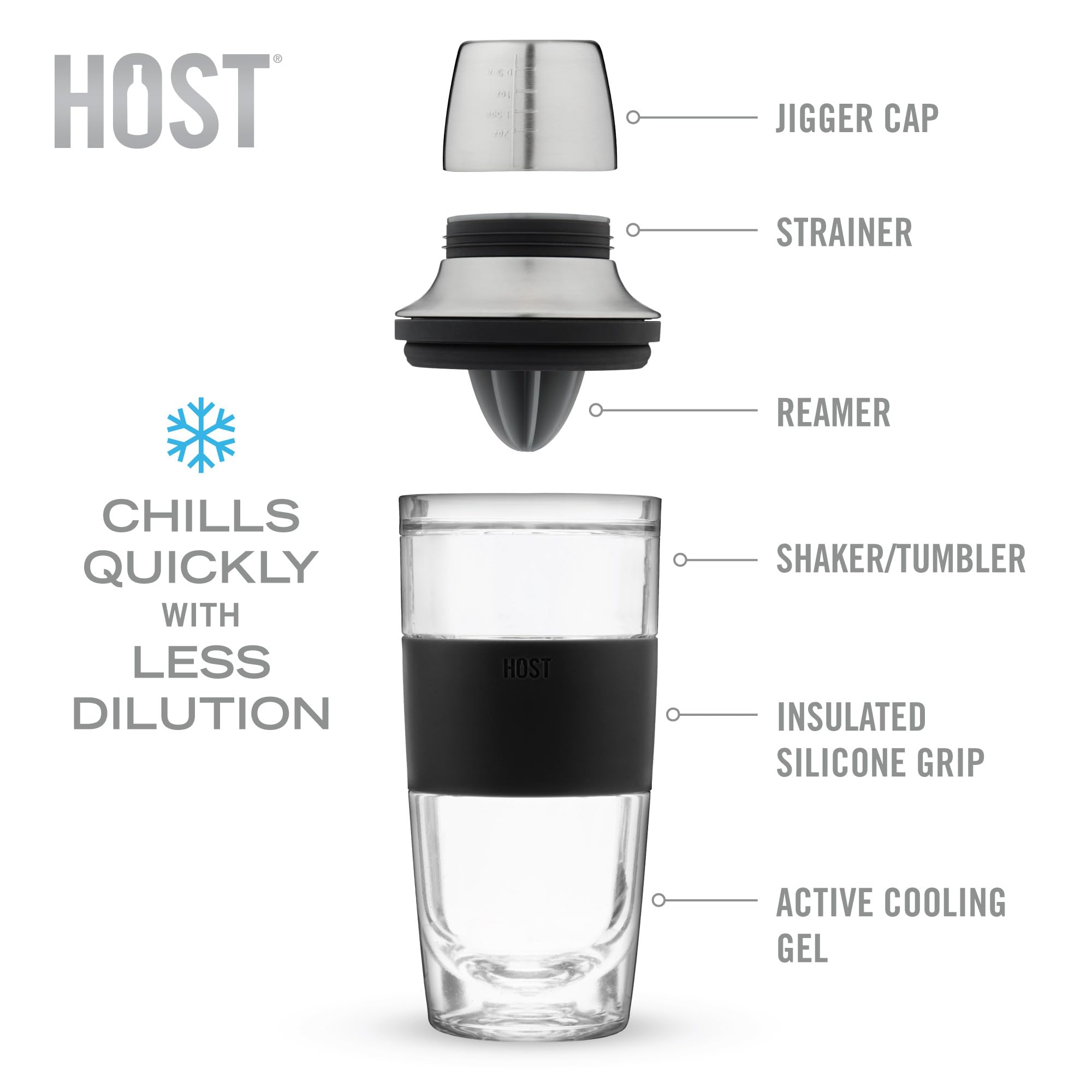 HOST Shaker per cocktail FREEZE Tazza a doppia parete con alesatore di agrumi, tappo jigger in acciaio inossidabile, filtro e gel rinfrescante attivo, set da bar nero, 590 ml, grigio