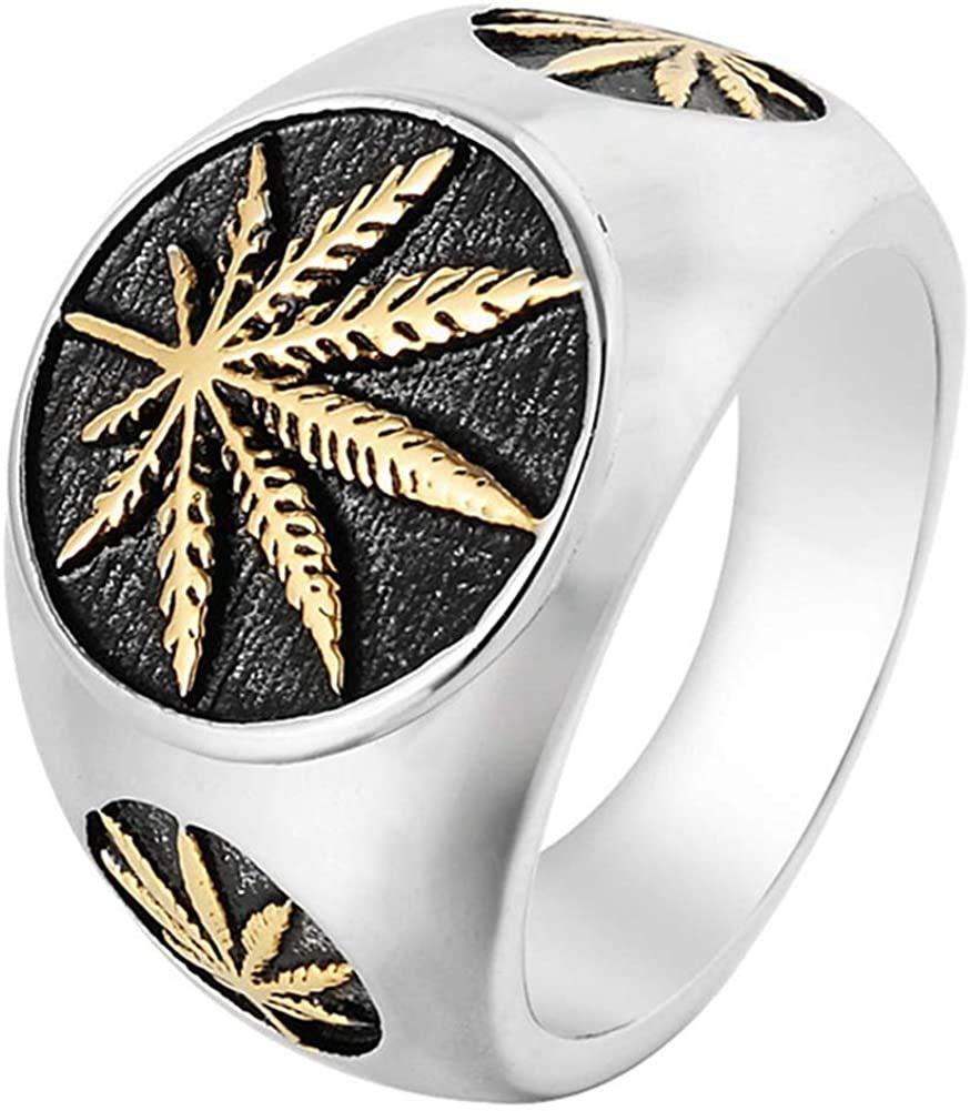 YFGlgy Punk Hip-Hop Retro Personality Maple Leaf Hemp Leaf Men's Titanium Steel Ring Men's Vintage Stainless Steel Ring Weed Marijuana Cannabis Leaf Symbol Rock,10