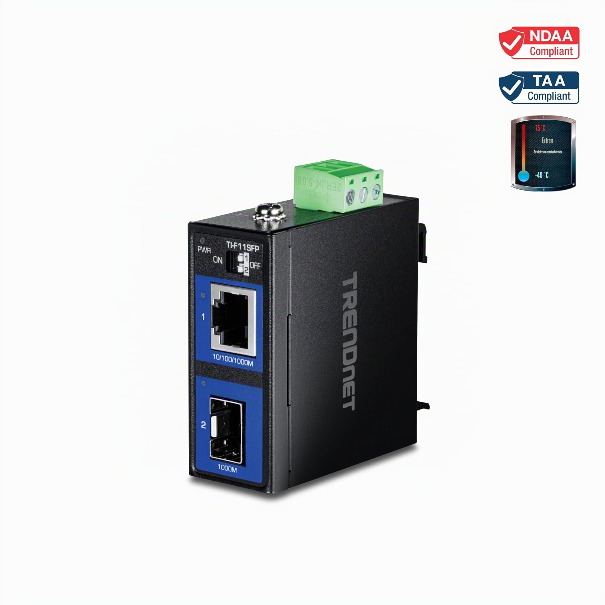 TRENDnet, TI-F11SFP, Heavy Duty 100/1000 Base-T zu SFP Industrieller Medienkonverter, DIN-Schienen-/Wandmontage, Multi- oder Singlemode-Glasfaser, Netzteil separat erhältlich