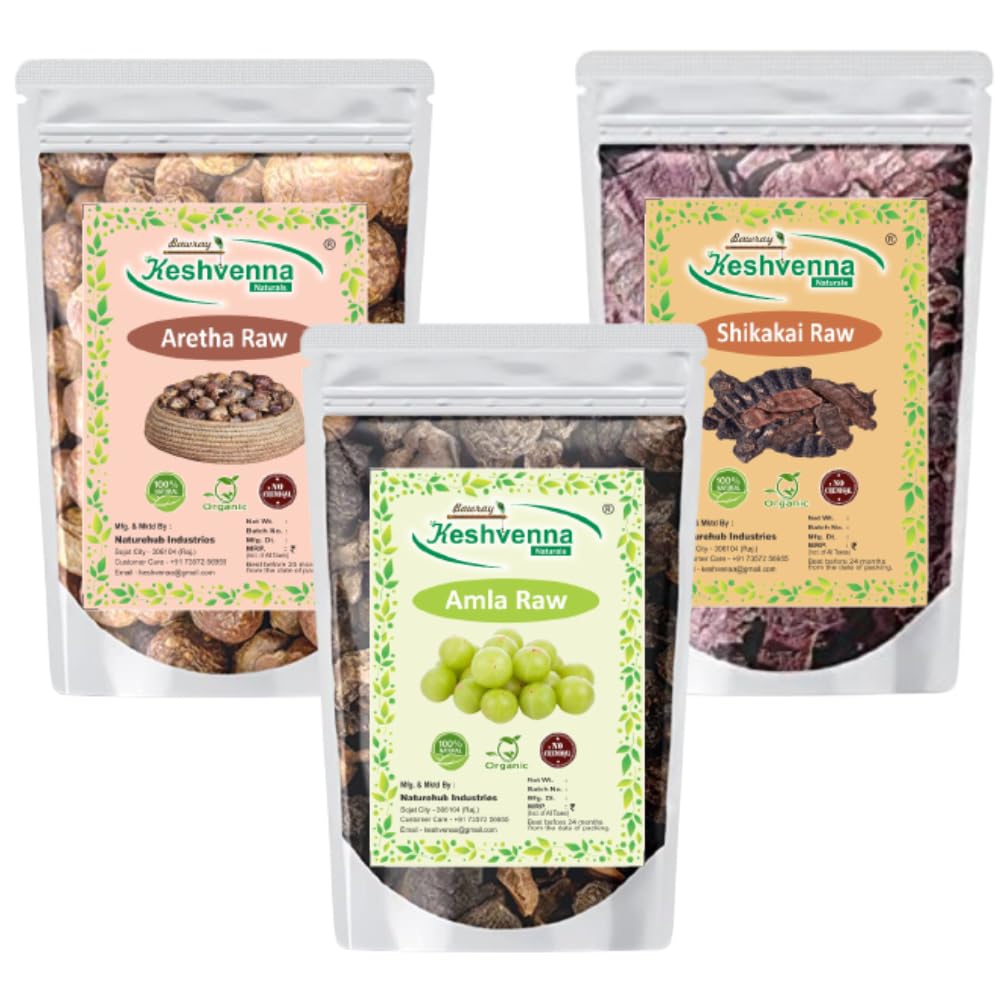 Keshvenna naturals Amla, Areetha, Shikakai dry (whole) raw form for hair,Sapindus,Mukorossi,Indian Gooseberry,Shikakai, Acacia Concinna hair Shampoo pack- 200 * 3=600gm