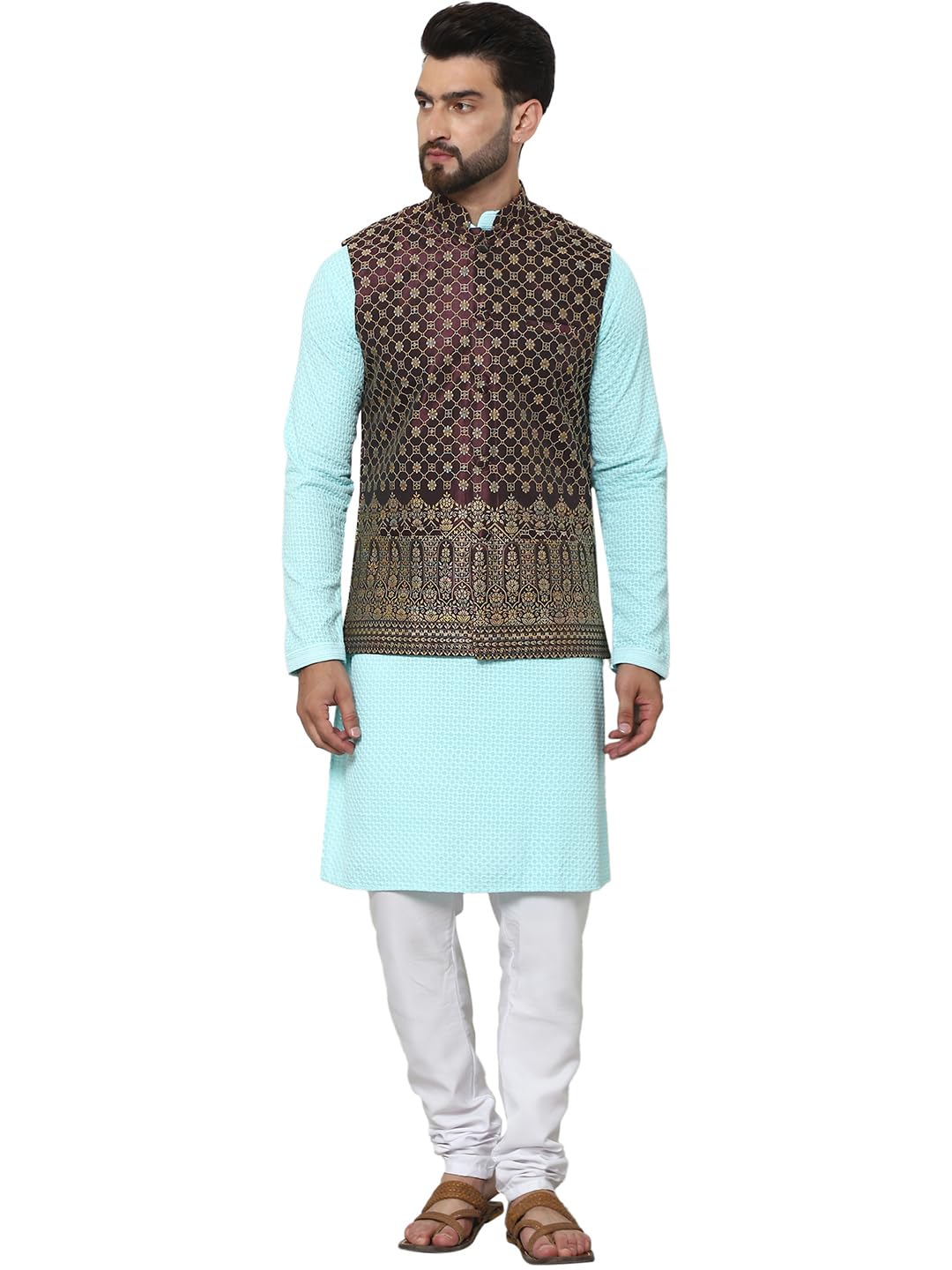 Sojanya (Since 1958 Men's Pure Cotton Sky Blue Kurta And White Pyjama With Wine Nehru Jacket
