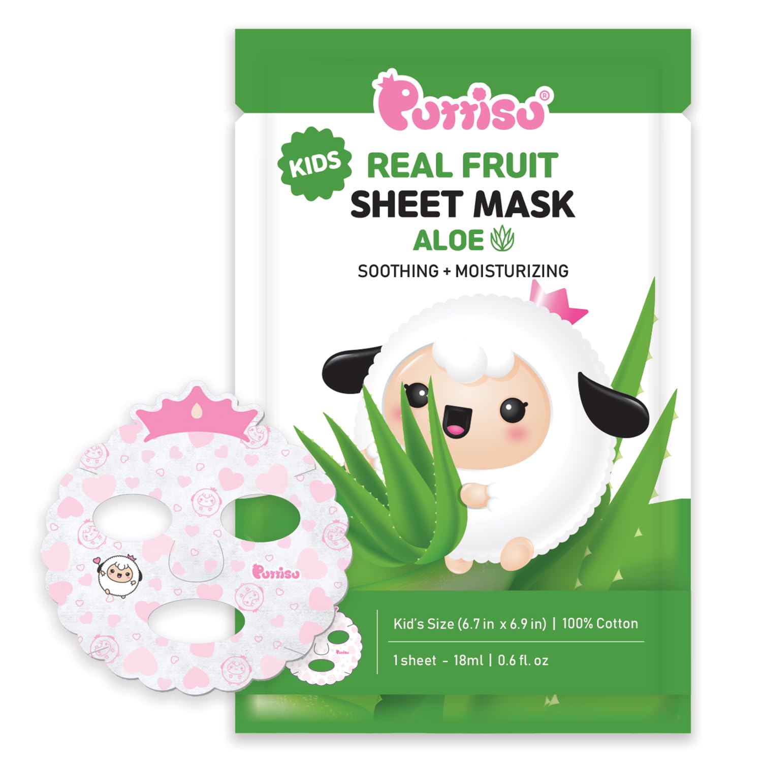 Puttisu Real Fruit Facial Mask Sheet for Kids, Children - Made with 100% Cotton, Moisturize, Sooths and Hydrates Skin (Aloe - Pack of 7)