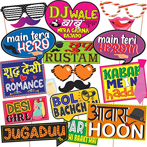 Image of Wobbox All Occasion Indian Family Photo Booth Party Props (18 Pieces)&WOBBOX Wedding PropsWedding Colourful (19 Pcs) Wedding Decoration Items, Wedding Props