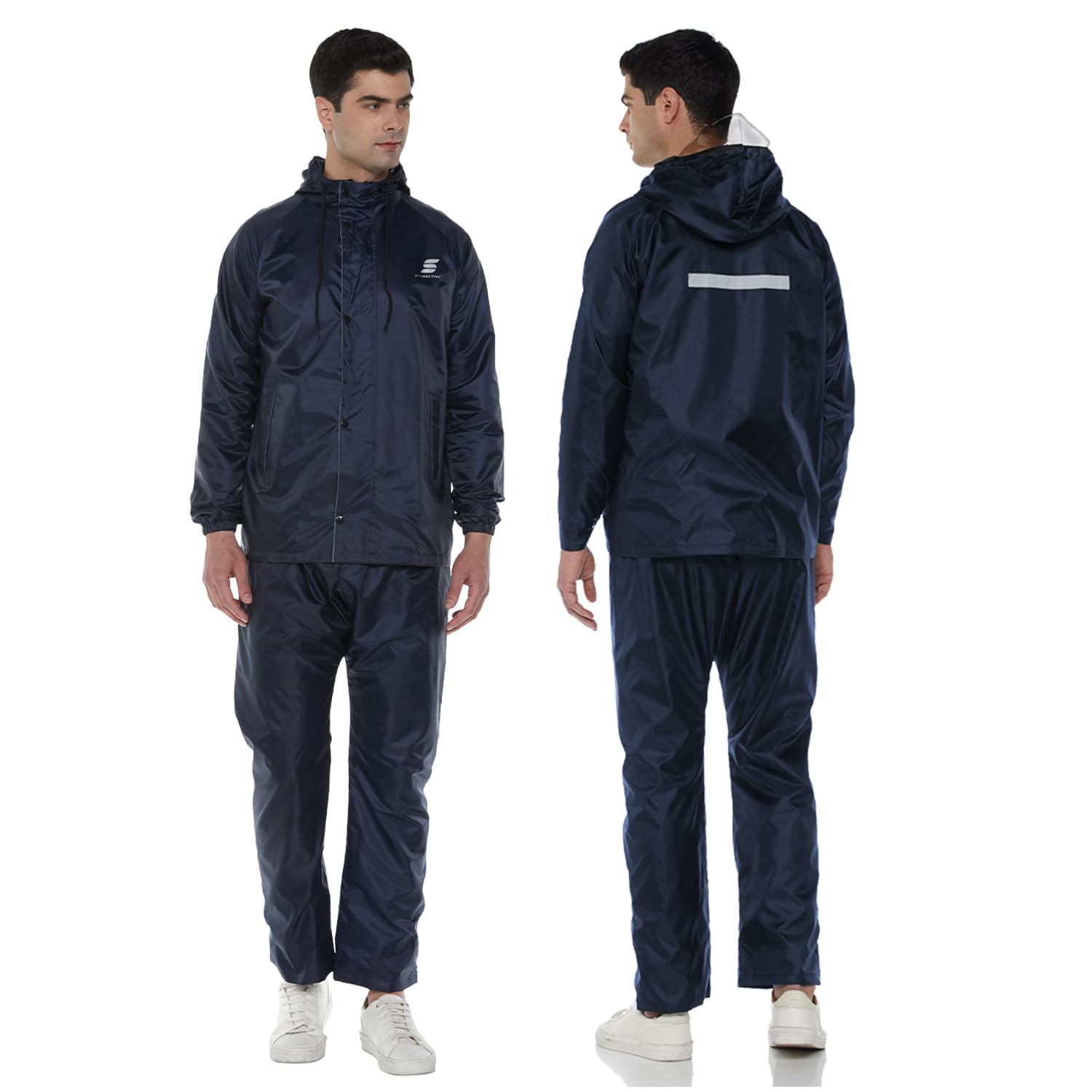 Amazon Brand - Symactive Waterproof Reversible Raincoat Set for Men | Polyester Shell with Heat Sealed PVC Lining | Jacket and Pant with Hood | Inner Mobile Pocket | Navy, L-image-30