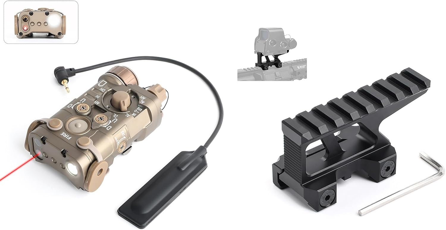 NOBUHIRO Upgrade Metal PEQ Box 10 Modes with Red Laser+White Light+IR Laser, + 1.5" High Picatinny Riser Mount Riser Profile 8 Slot 3.35" Rail Mount (Tan,Black)