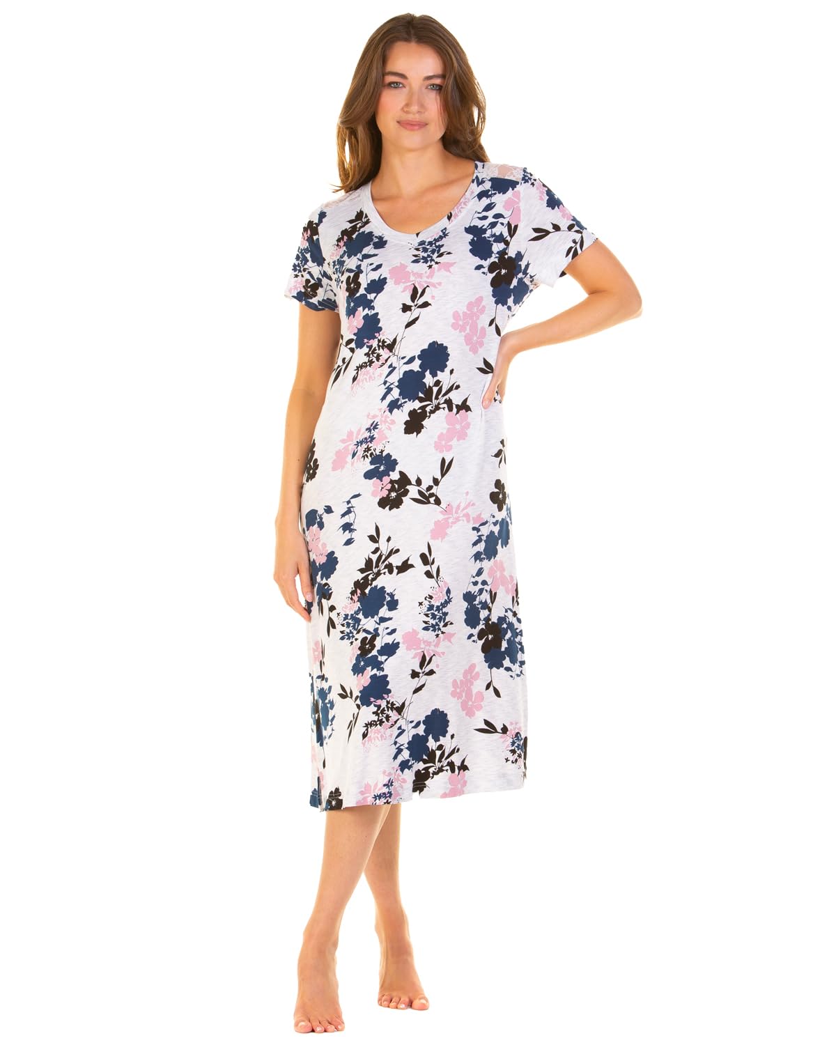 Undercover Ladies 'Bamboo Lace' Short Sleeve Nightie 25261 Grey Floral Small
