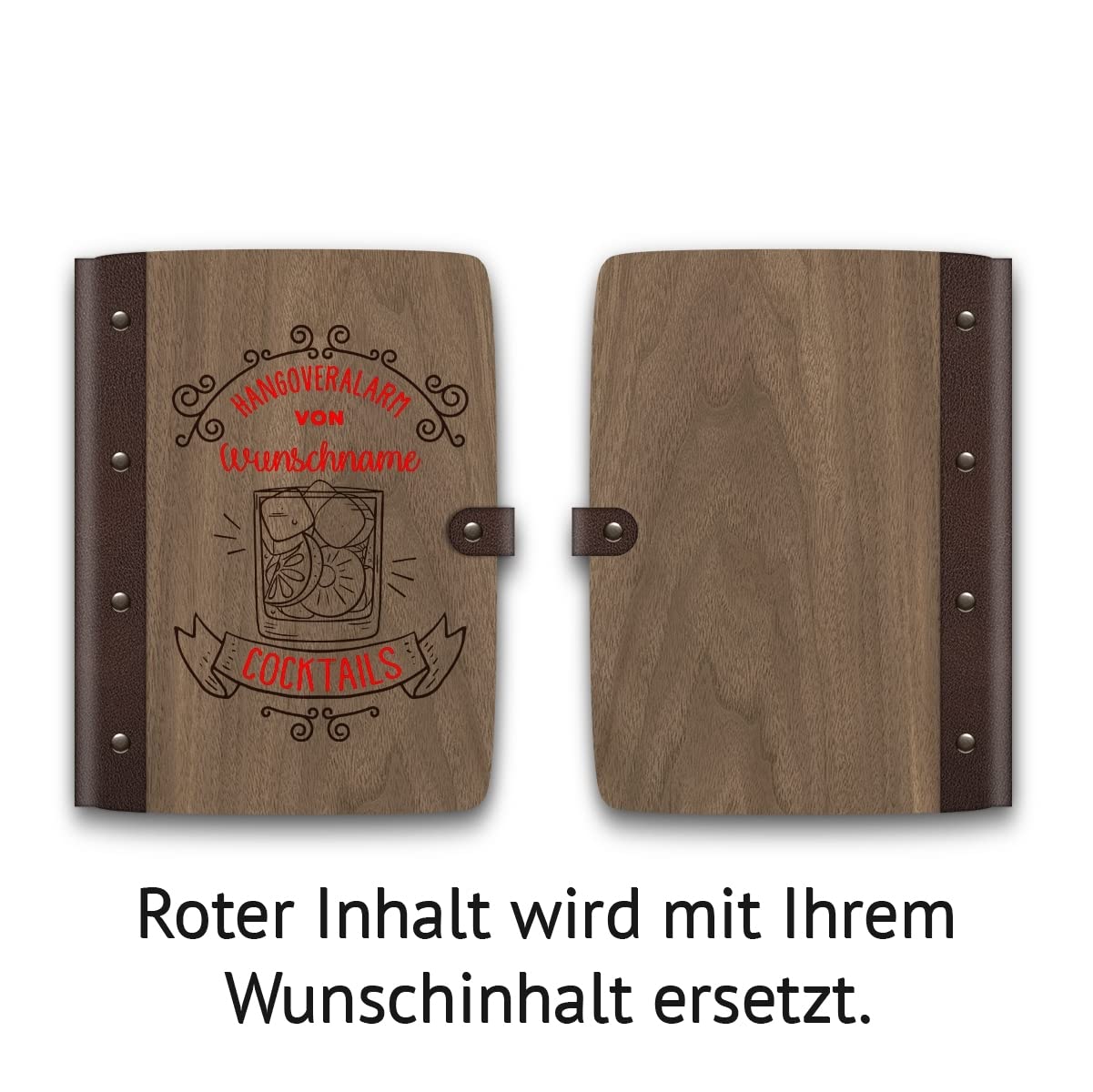 Notizbuch, Rezeptbuch, Rezeptordner Holzcover mit Echtleder Rücken 72 Blatt | 144 Seiten A5 hoch 158x222mm Nussbaum Amerikanisch - Cocktailbuch