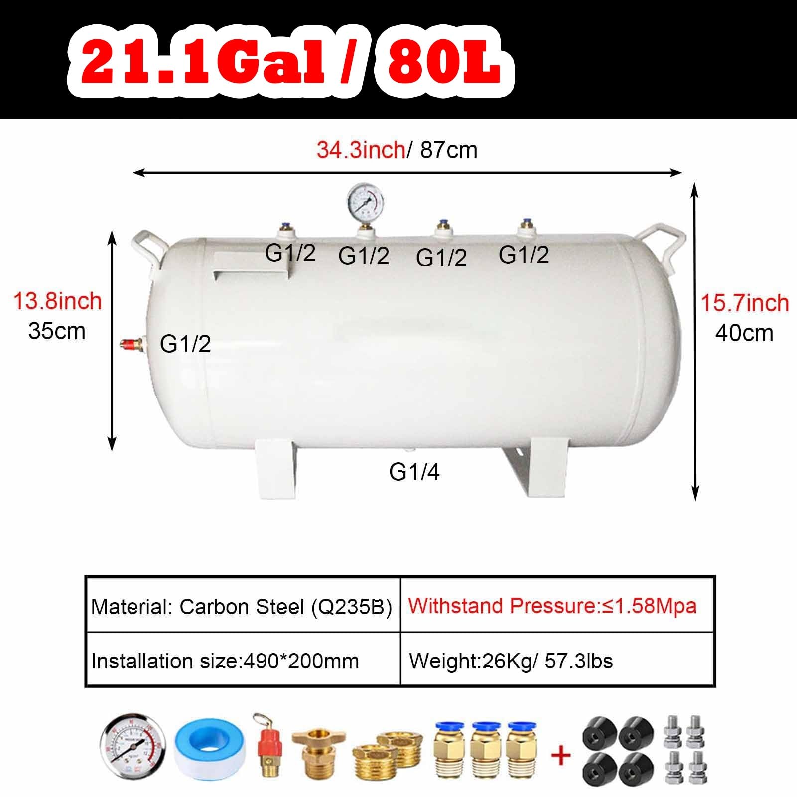serbatoio aria Serbatoio industriale per compressore, serbatoi di stoccaggio gas da 10/20/30/40/50/80/100 litri con accessori, per stabilizzare la pressione dell'aria(80L/21.1Gal)