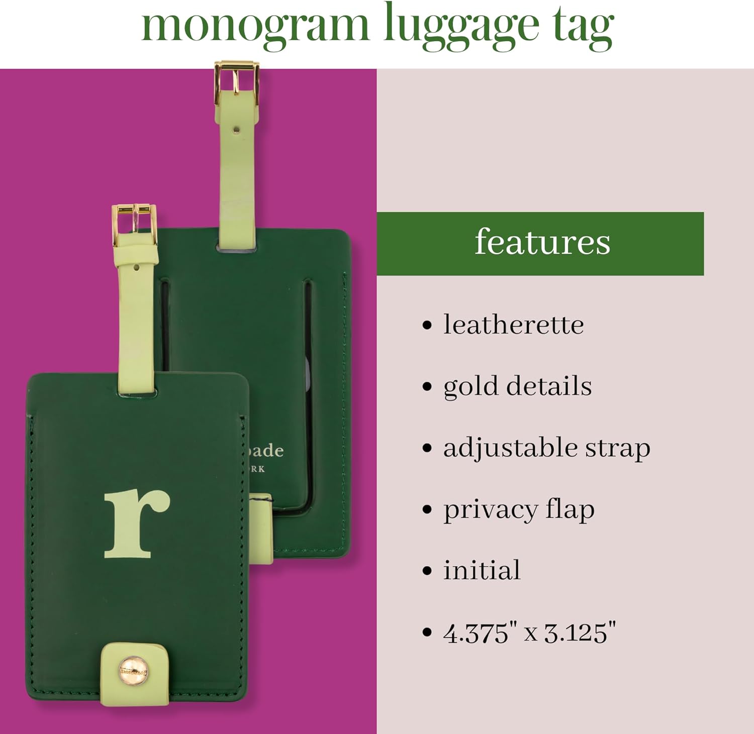 Kate Spade New York Leatherette Luggage Tag with Secure Strap, Colorful Suitcase Identifier for Travel, Monogram Bag Tag ID (R) - Image 3