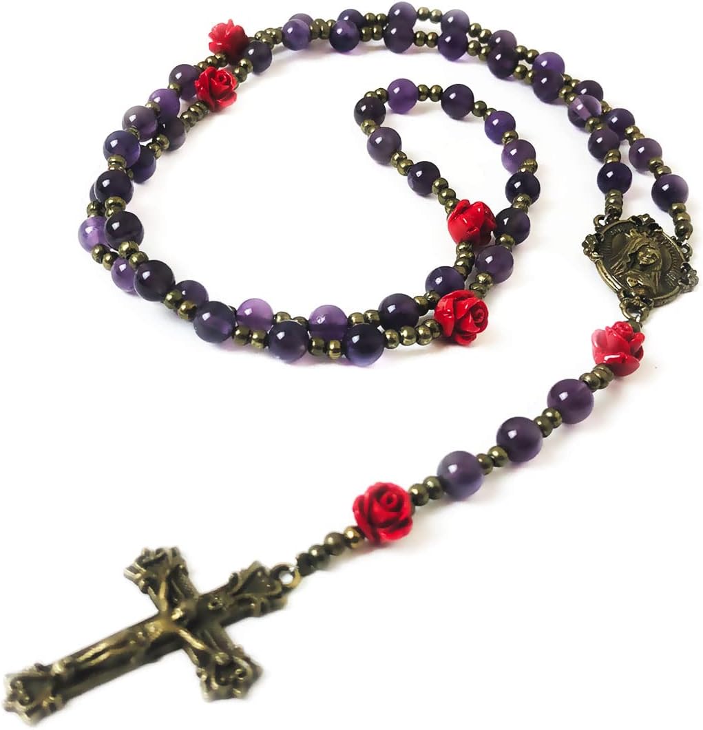 Immaculate Heart of Mary Purple Amethyst Stone and Red Rose Rosary and Bracelet Set - Catholic Rosary - Rosarios Catolicos - Catholic Gifts Women - Regalos Catolicos Para Mujer, Stone, Amethyst - Image 2