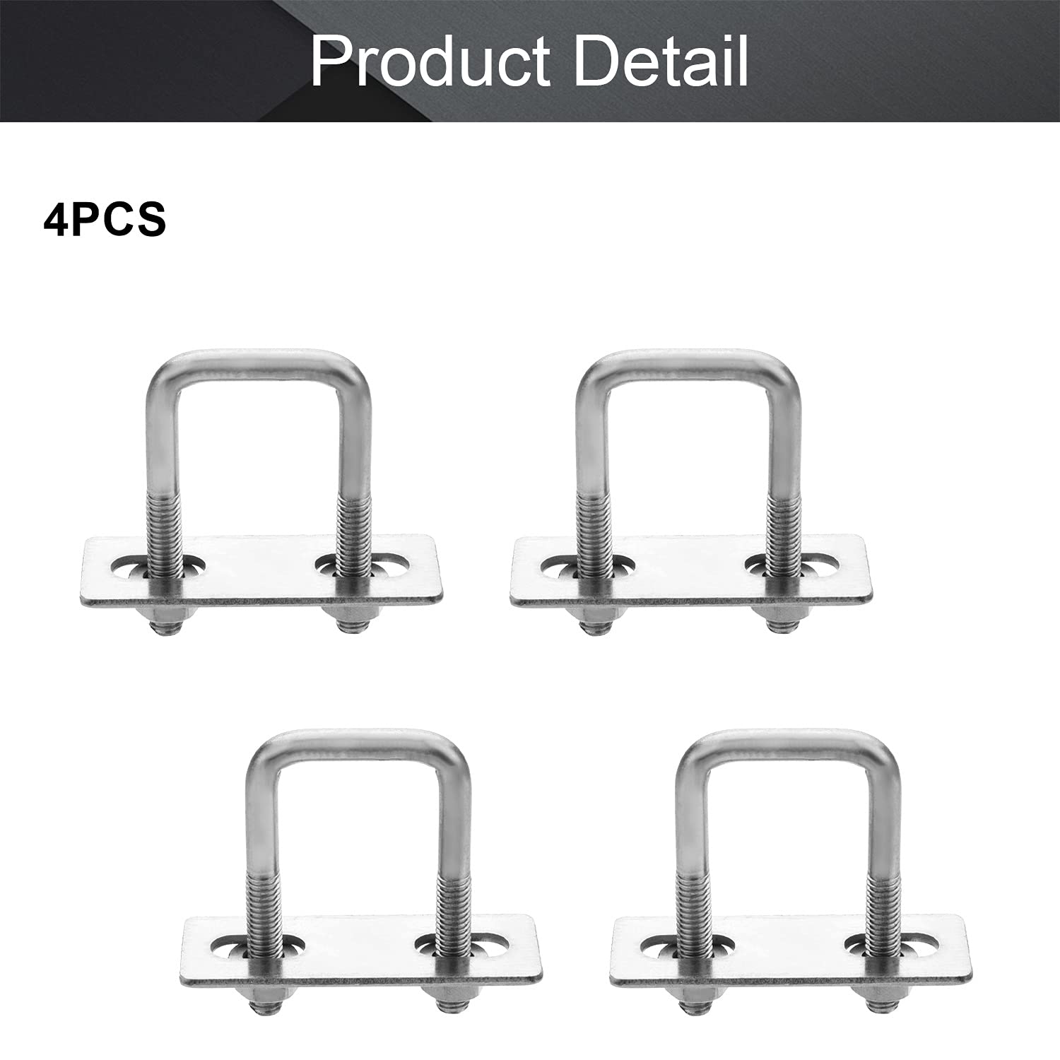 Square U-Bolt 20mm Inner Width – 304 Stainless Steel M6 With Plates, Nuts & Washers – 4 Sets For Square Tubing