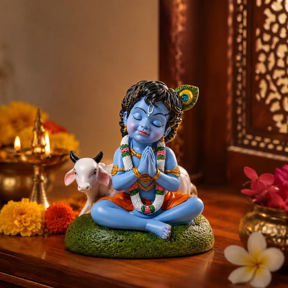 Baby Krishna Idol Bal Gopal Statue with Cow Figurine Gift Item for Home Decor, Table Decor, Car Dashboard, Corporate Janmashtami & Pooja Gifting (Small Size, Polystone, Pack of 1, Blue)