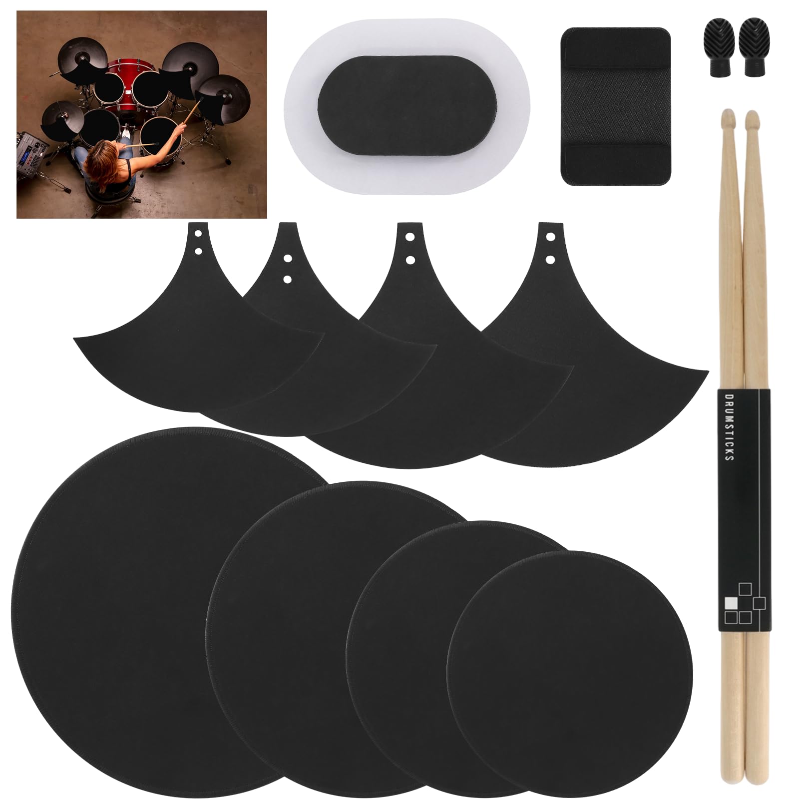 Lot de 12 coussinets de sourdine en mousse pour tambours de 10, 12, 14, 16 pouces avec silencieux de cymbale et coussinet Hi-Hat – Coussinets d'entraînement pour réduction du bruit pour batterie