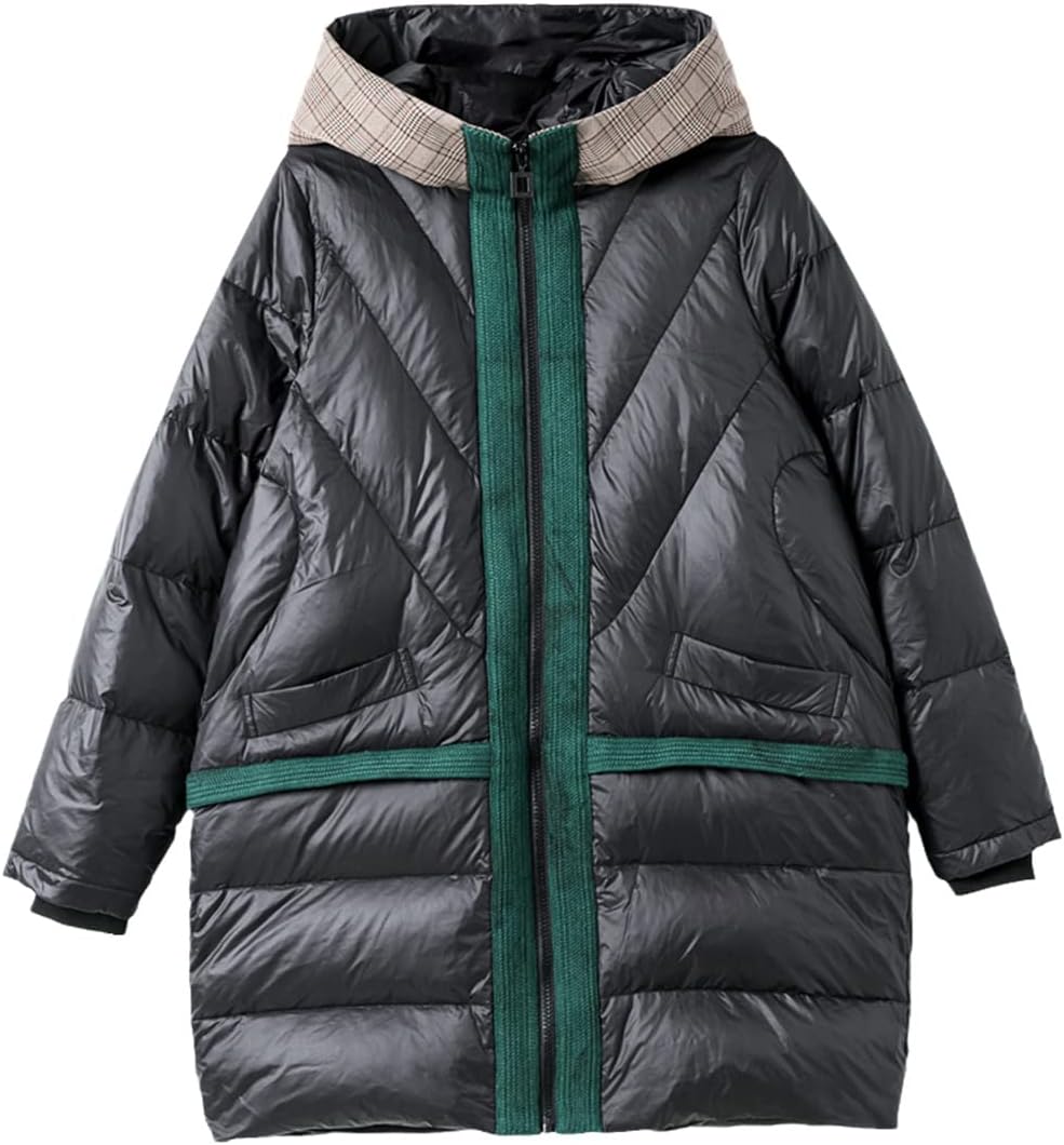 Pulcykp Ladies Autumn and Winter Stitched Duck Down Coat Winter Korean Loose Hooded Down Jacket Thickened Warm Parka Coat