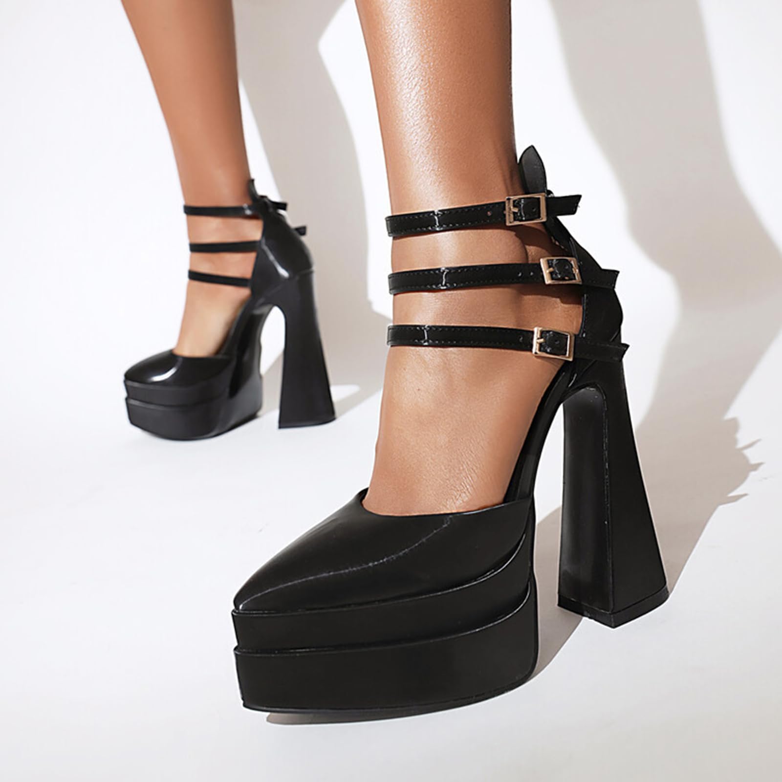 Zapatos de tacón de Bloque con Punta Puntiaguda, Plataforma Doble y Triple Hebilla de 14 cm