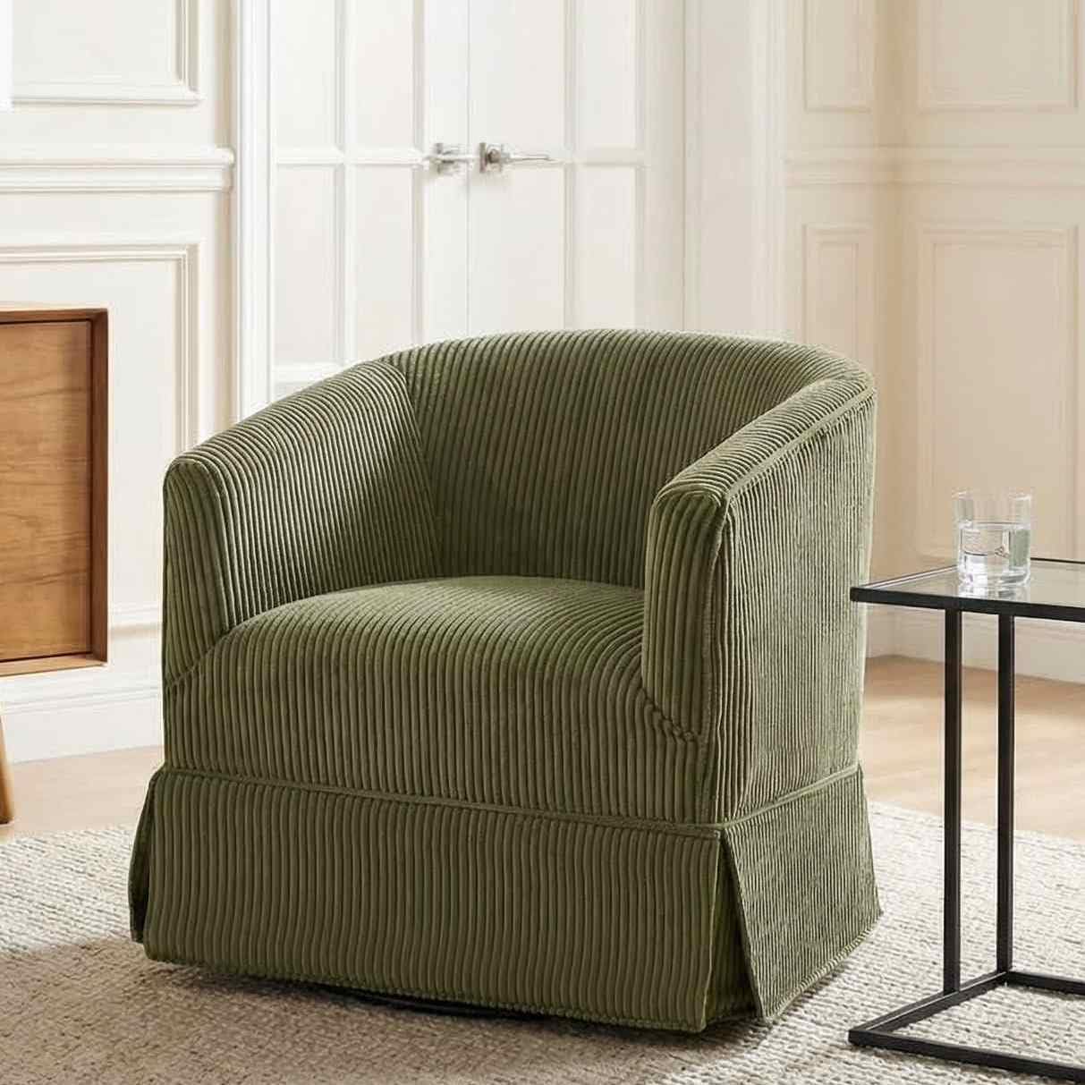 swivel accent chair for living room, 360° upholstered barrel swivel chairs with skirted base, modern linen armchairs for bedroom, reading nook, small space, sage green