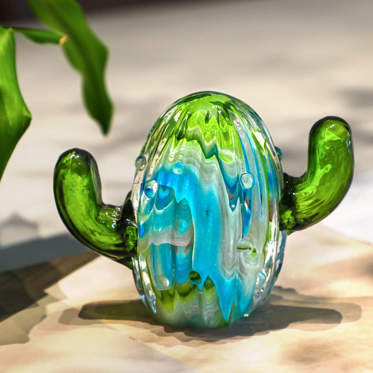 Handmade Glass Cactus Art Hand Blown Glass Figurines Collectibles Table Home Decoration Simulation Desert Plants (Green and Blue) : Home & Kitchen