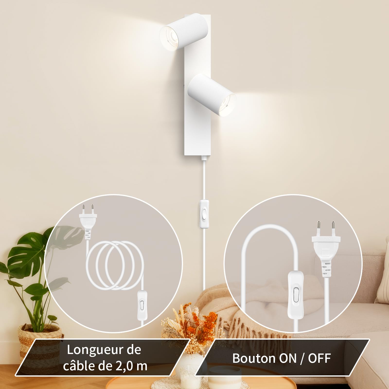 Applique Murale Intérieure avec Prise et Interrupteur 2 Spots Blanc GU10 Lampe de Chevet Murale Moderne Tourner 350°