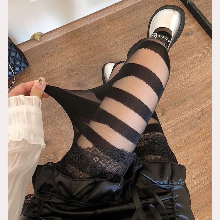 Simple Pantyhose Stockings, Cute Cross Vertical Black Semi Sheer Cosplay High Waist Socks Tights Legging for Women (Crossing Pattern)4