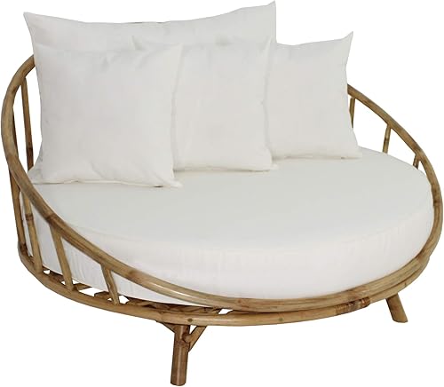 Miniatura 7 de Zew Sofá cama de bambú para interiores y exteriores, sofá grande con acento para césped, piscina, asiento de jardín con cojín y almohadas Sofá