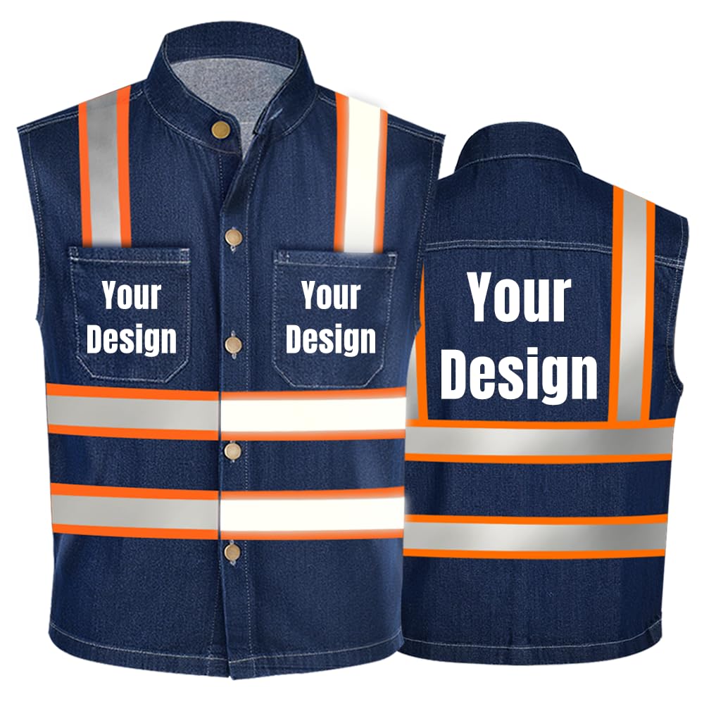 YOWESHOP High Visibility Reflective Safety Vest Customize Logo Denim Vest Jean Vest Plus Size Team Work Uniform Unisex