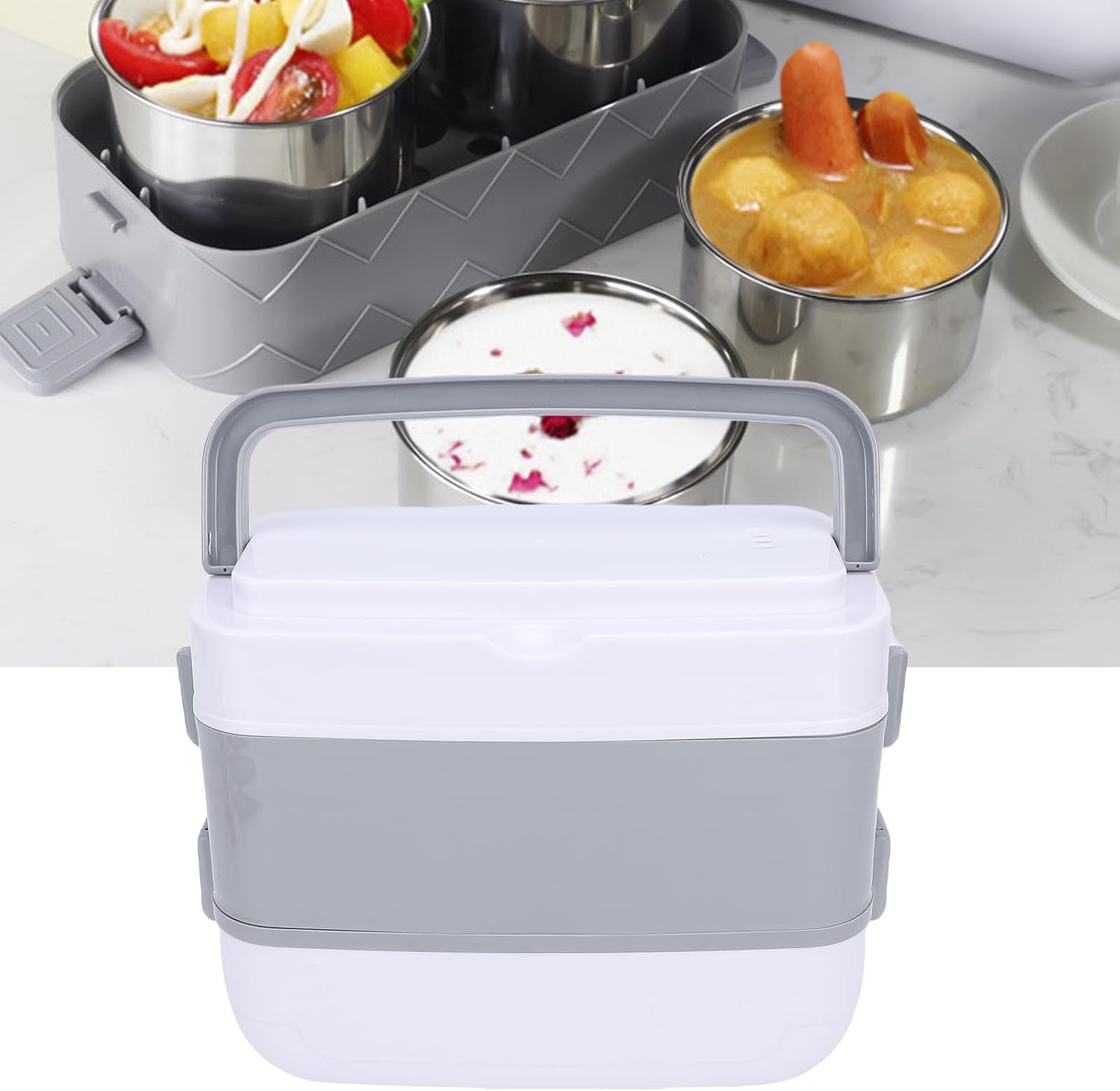 Dpofirs Portable Self Cooking Electric Lunch Box, 2L Mini Rice Cooker, 2 Layers 4 Stainless Steel Steamer Food Insulation Box, Heated Food Warmer Cooker, for Home Office Travel (US Plug 110V)