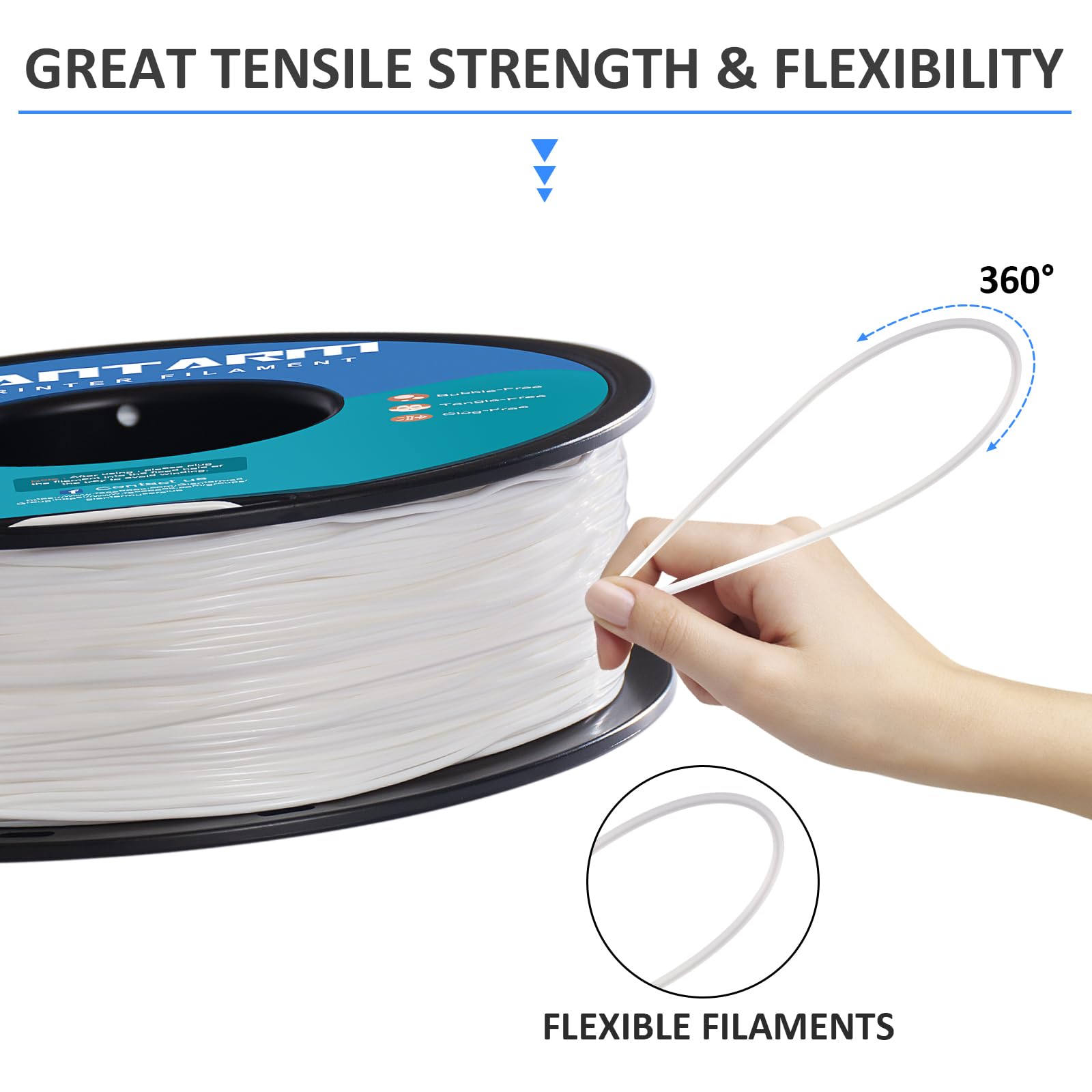 GIANTARM Filament TPU souple 1,75 mm consommables pour imprimante 3D Blanc 95 A Bobine de 1 kg Précision dimensionnelle +/- 0,05 mm