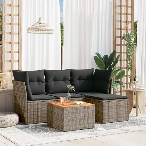 5-Piece Garden Sofa Set, Grey Synthetic Poly Rattan, Oiled Acacia