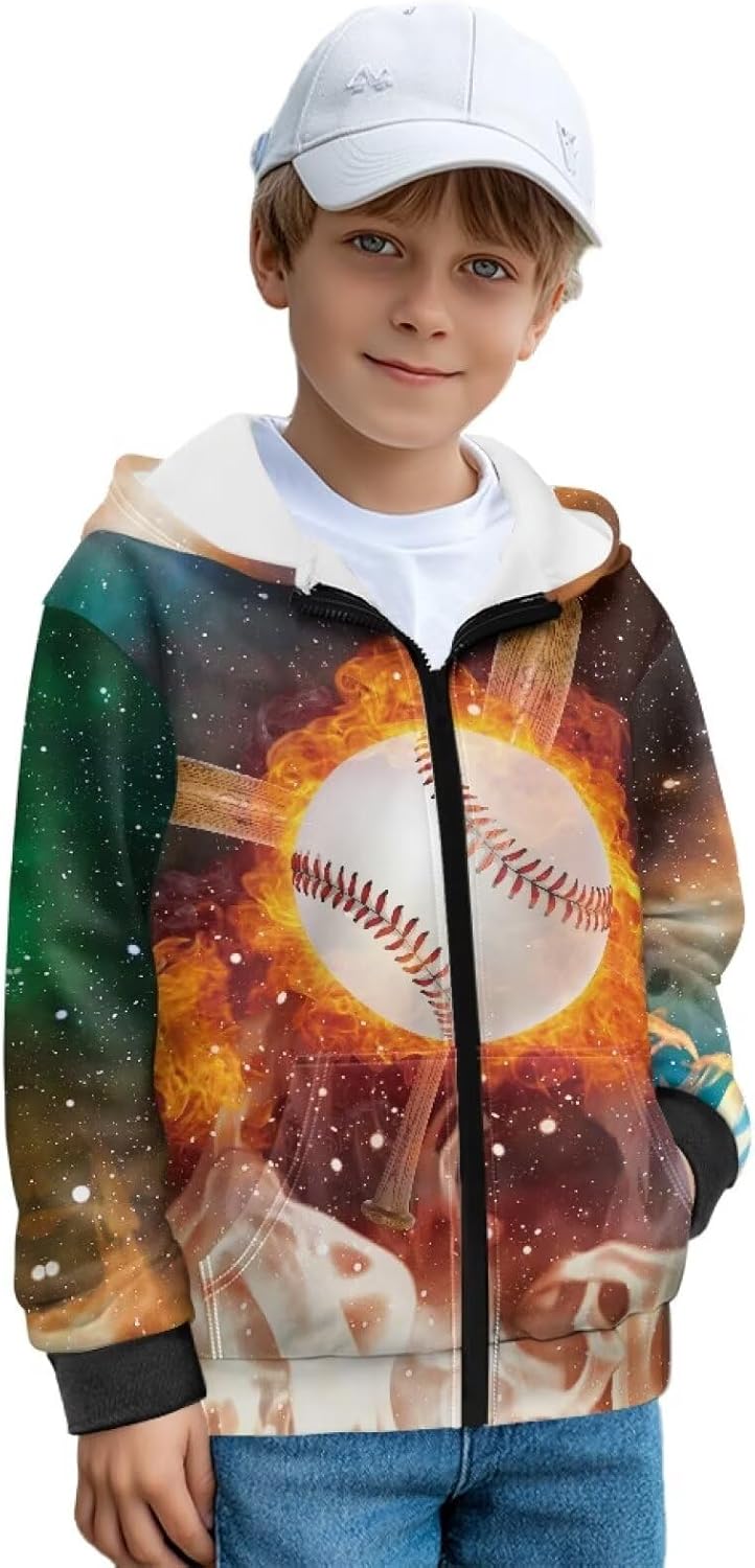 Boys Zip Up Hoodies 3D Printed Fleece Lightweight 6-16T Hooded Sweatshirt Athletic Jacket with Pockets for Kids