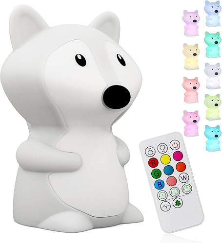 Lámpara de noche de zorro para niños, lámpara de escritorio con luz LED para niños, con temporizador, 9 colores, luz portátil, recargable, lámpara