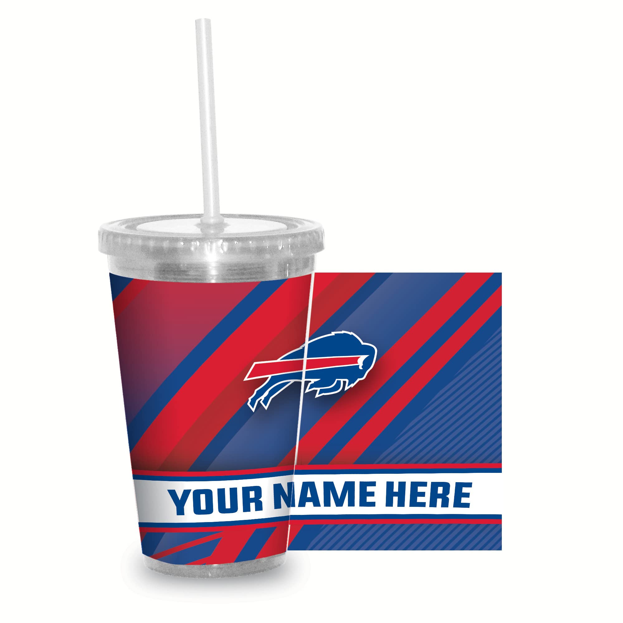 Rico Industries NFL Football Buffalo Bills 16oz Personalized Tumbler W/Straw - Team Colored Travel Tumbler - Keeps Drinks Cold or Hot- Reusable Straw Included