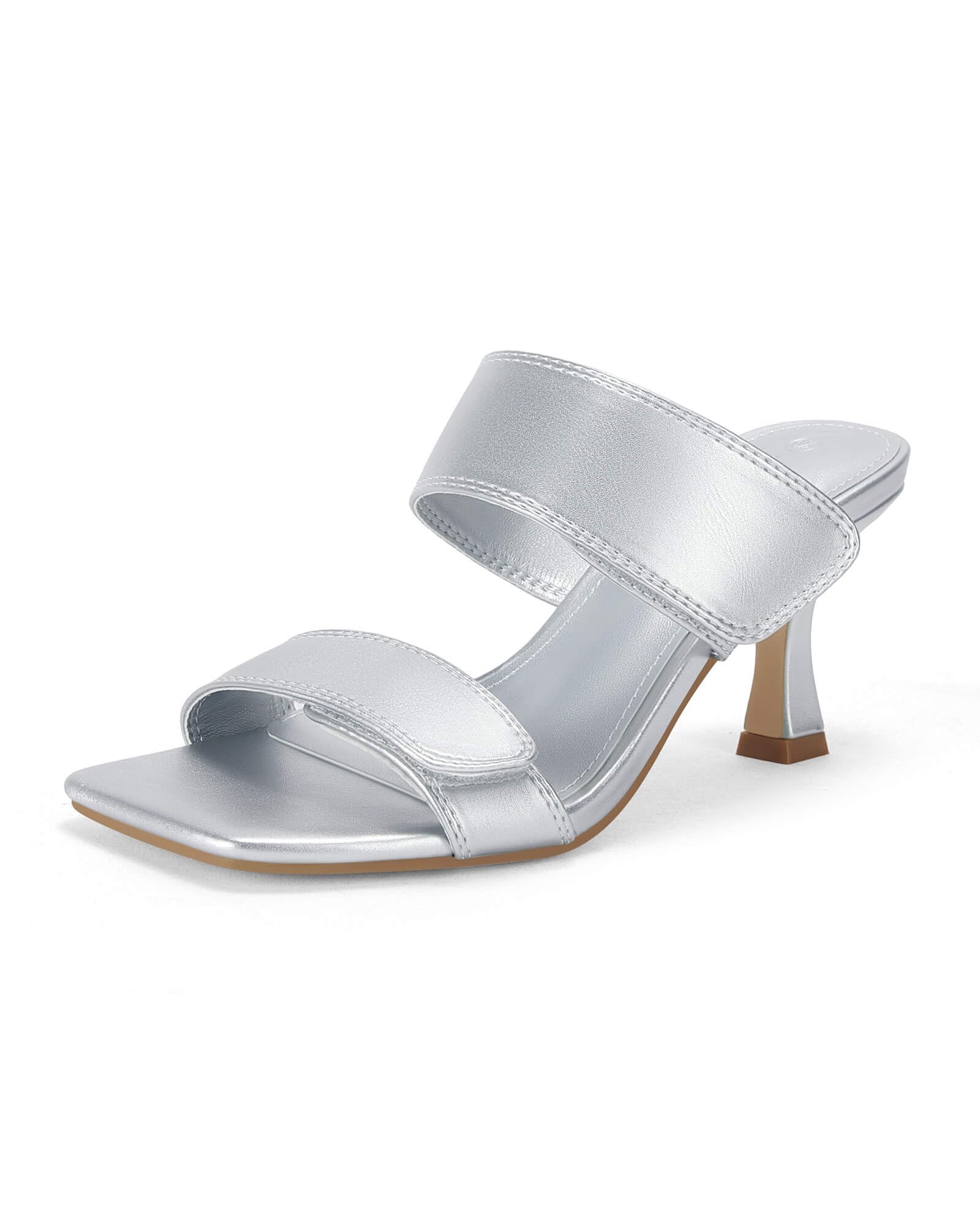 Ermonn Womens Two Strap Heeled Sandals Slip On Square Open Toe Stiletto Faux Leather Backless Mule Heels Slippers