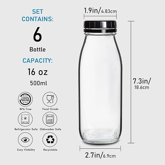 YEBODA 16oz Glass Milk Bottles with Plastic Tamper Resistant Caps 6 Pack Milk Jars with Lids Glass Bottles for Milk, Butter Milk, Honey, Tomato Sauce, Jams, Syrup, BBQ, Picnic, Dishwasher Safe