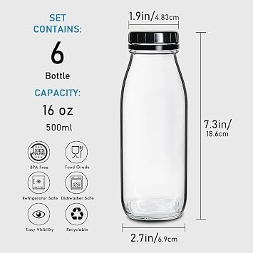YEBODA 16oz Glass Milk Bottles with Plastic Tamper Resistant Caps 6 Pack Milk Jars with Lids Glass Bottles for Milk, Butter Milk, Honey, Tomato Sauce, Jams, Syrup, BBQ, Picnic, Dishwasher Safe