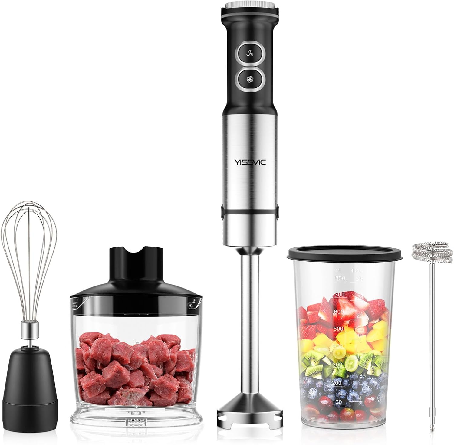 YISSVIC 1200W Hand Blender 5 in 1 Immersion Stick Blender Set Stainless Steel with Frother Beaker Food Chopper Whisk for Milk Soup Baby Food