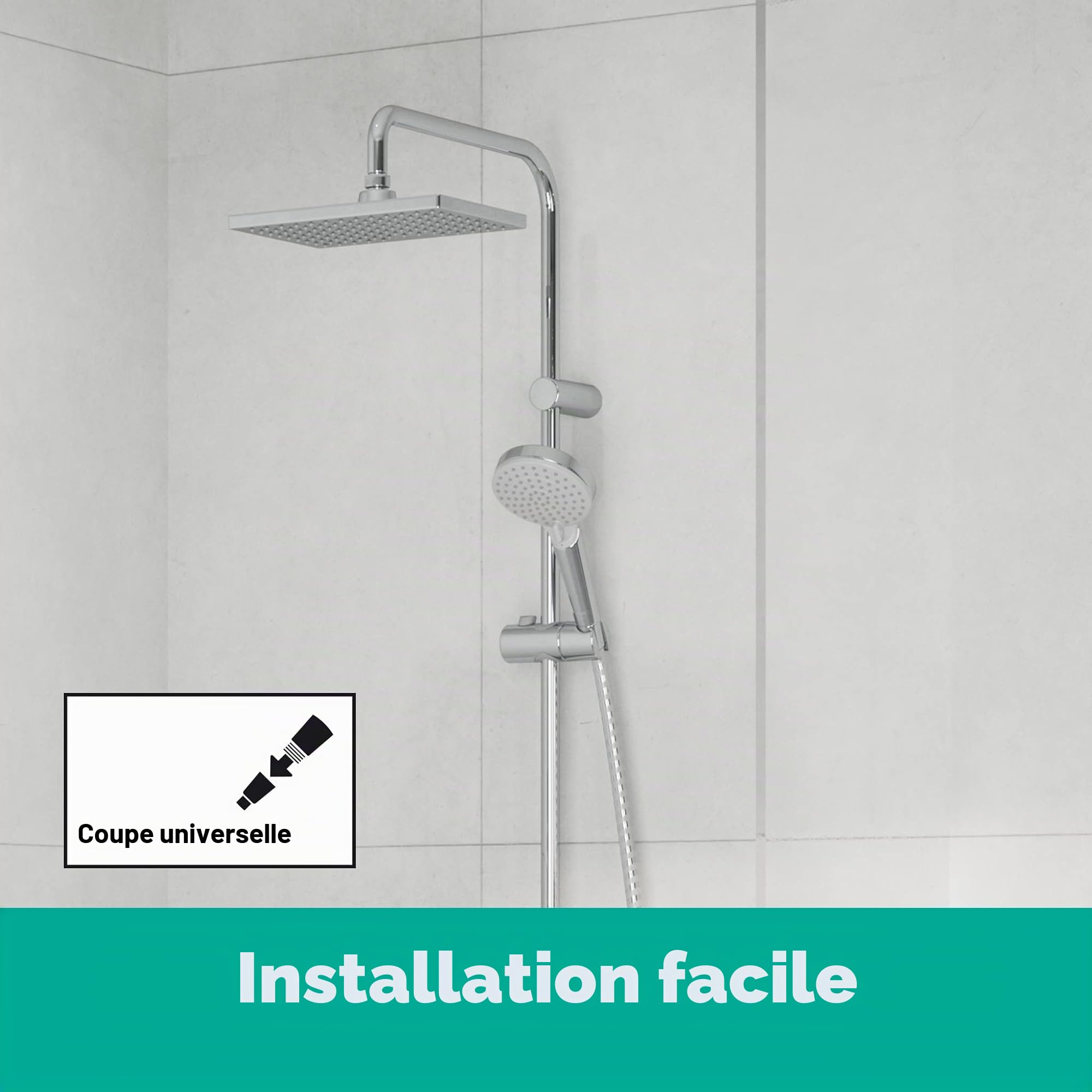 hansgrohe colonne de douche Vernis Shape, avec mitigeur thermostatique de baignoire, douche de tête 230 x 170 mm avec 1 jet, chromé, 26284000
