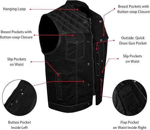 Miniatura 4 de GARGOYLE BELLS Chaleco de moto de mezclilla y cuero para hombre con bolsillos para pistola SOA Biker Club Chaleco con acolchado de diamante para