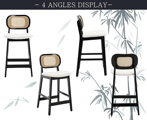Miniatura 4 de Juego de 4 taburetes de bar tapizados de sherpa con respaldo de caña de ratán con respaldo de bastón, sillas de bar estilo bohemio de madera negra