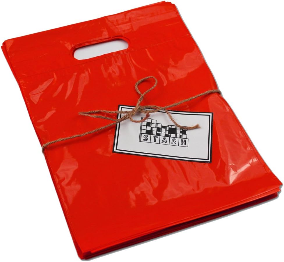 Packstash 11 x 15 x 3" (100 Qty)-Inch RED Retail Merchandise Plastic Shopping Bags - (Medium) Premium Tear-Resistant Film, Double Thick Handles, Vibrant Glossy Finish