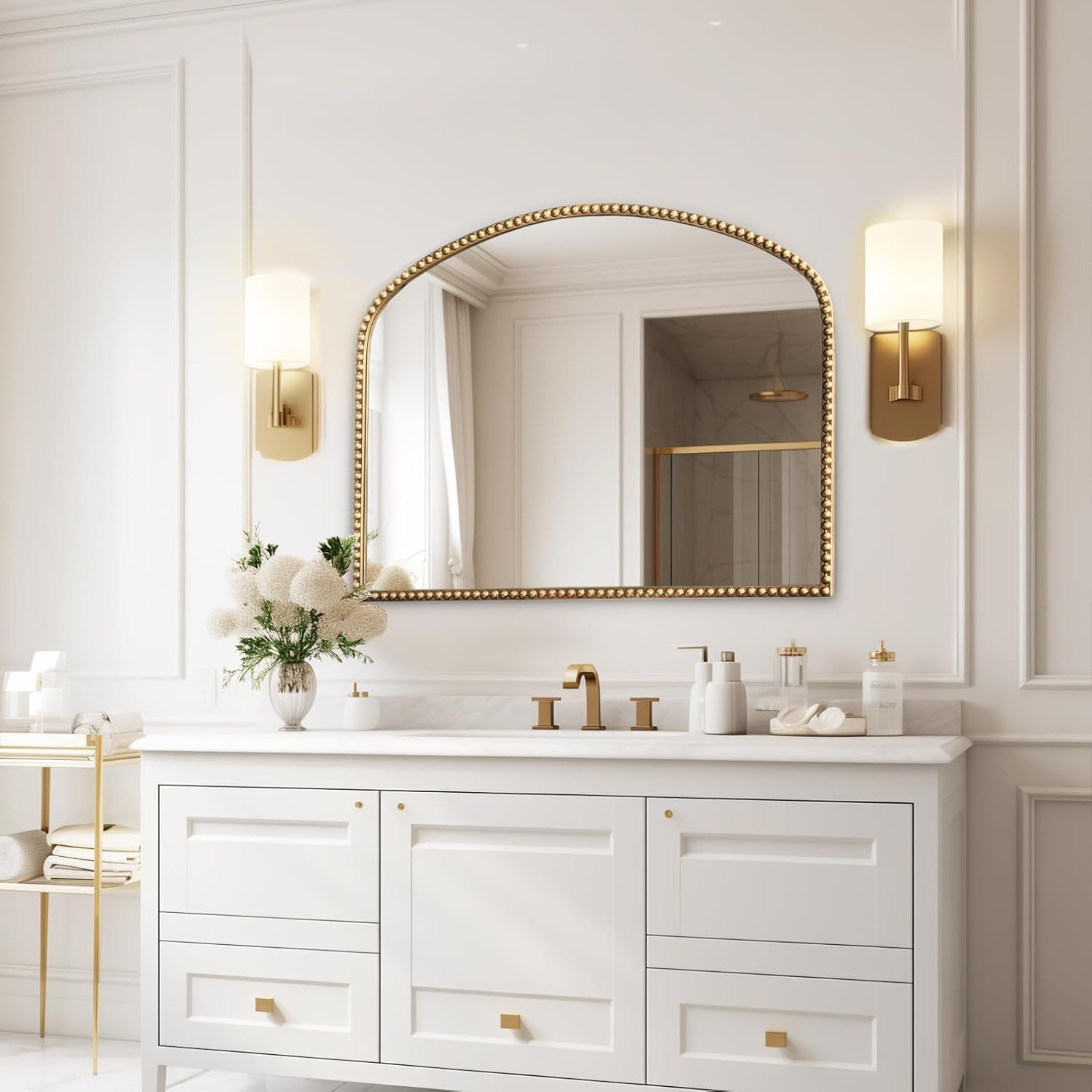 Arched Antique Gold Bathroom Mirror Baroque Metal Beaded Frame Wall Mirrors Decorative Wall Mirrors for Vanity Bedroom Entryway