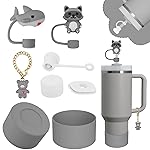 Stanley Cup Accessories Set,Including 2 Pcs 0.4in Straw Cover, 1 Silicone Spill-Proof Stopper, 1 Cute Handle Charm, 1 Silicone Boot Fits Stanley 40&30 Oz Tumbler (Grey)