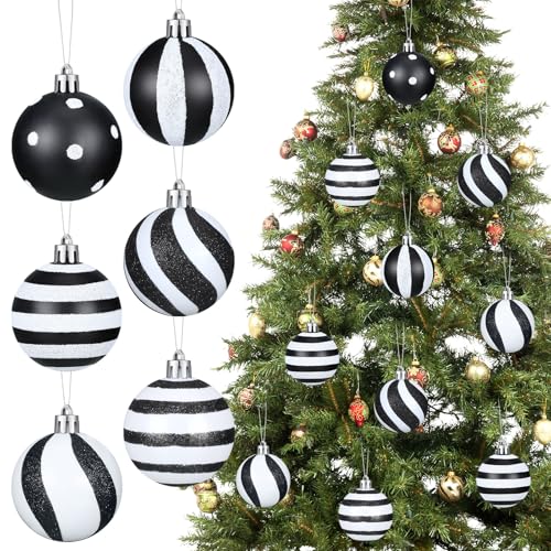 Riceshoot 24 Pcs Christmas Black and White Ball Ornaments Xmas Plastic Stripe Dot Hanging Ball for Christmas Tree Party Decoration Supplies(2.36 Inch)